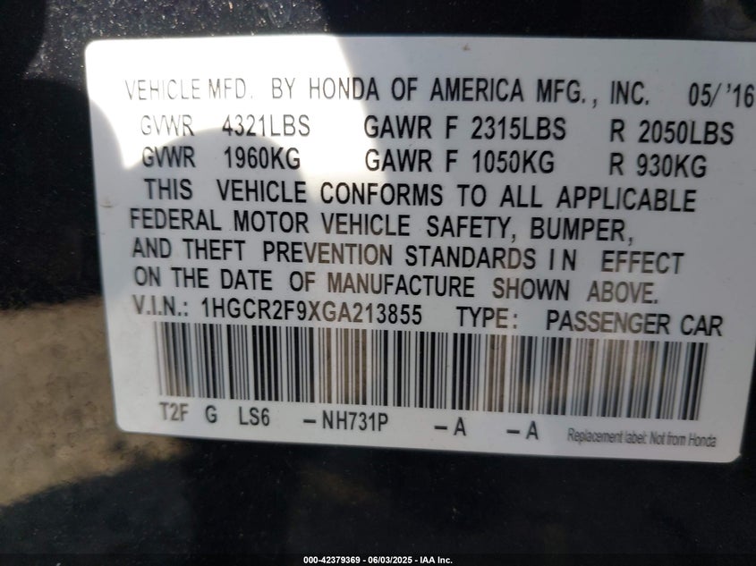 2016 HONDA ACCORD EX-L - 1HGCR2F9XGA213855