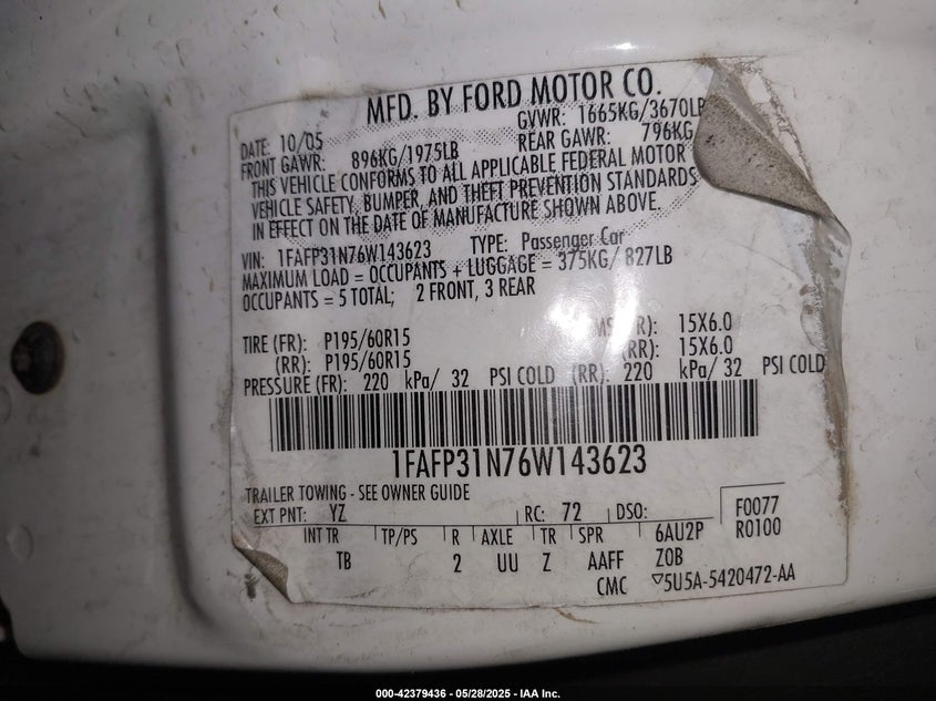 2006 FORD FOCUS VIN: 1FAFP31N76W143623