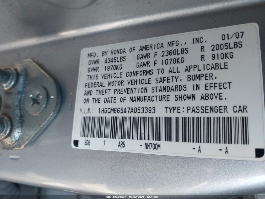 2008 HONDA ACCORD VIN: 1HGCM66547A053393