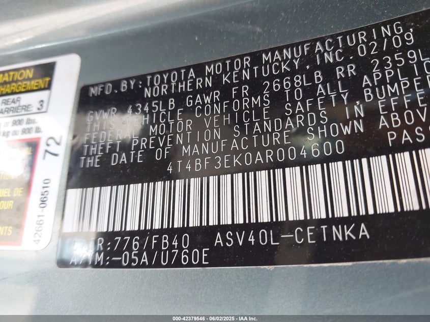2010 TOYOTA CAMRY VIN: 4T4BF3EK0AR004600