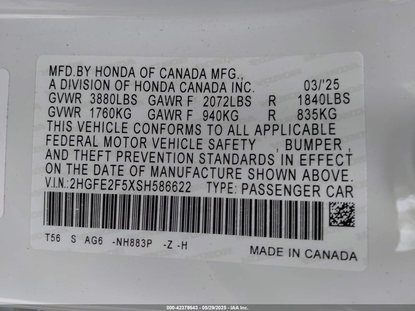 2025 HONDA CIVIC 2.0L I4 FI DOHC 16V (VIN: 2HGFE2F5XSH586622