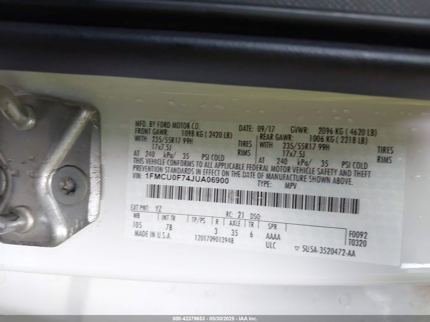 2018 FORD ESCAPE VIN: 1FMCU0F74JUA06900