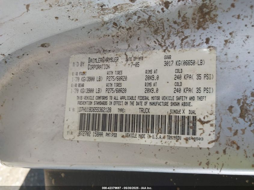 2005 Dodge Ram 1500 Slt/Laramie VIN: 1D7HU18D65S362128 Lot: 42379697