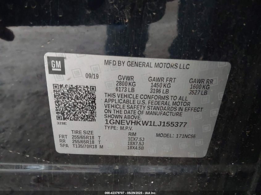 2020 Chevrolet Traverse Awd Lt Leather VIN: 1GNEVHKW1LJ155377 Lot: 42379707