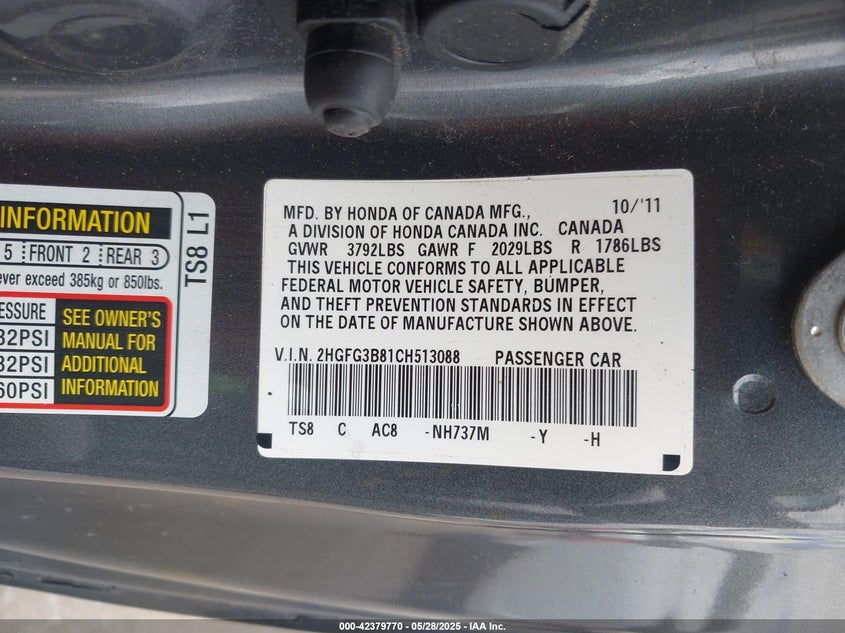 2012 HONDA CIVIC VIN: 2HGFG3B81CH513088