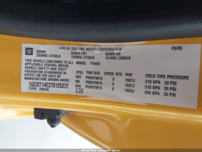 2007 Chevrolet Colorado VIN: 1GCDT14E278125372 Lot: 42379816