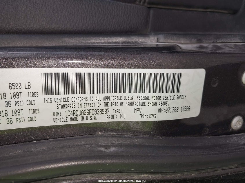2015 DODGE DURANGO VIN: 1C4RDJAG6FC938587
