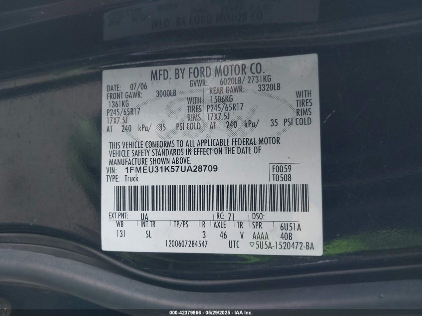 2007 FORD EXPLORER SPORT TRAC VIN: 1FMEU31K57UA28709