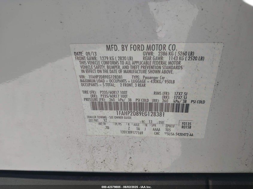 2014 FORD TAURUS VIN: 1FAHP2D89EG128381