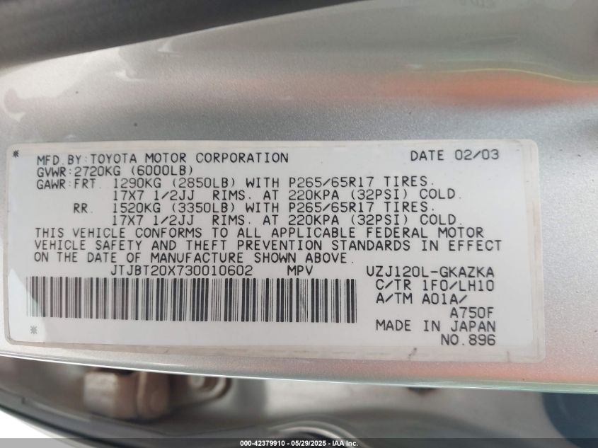 2003 Lexus Gx 470 VIN: JTJBT20X730010602 Lot: 42379910