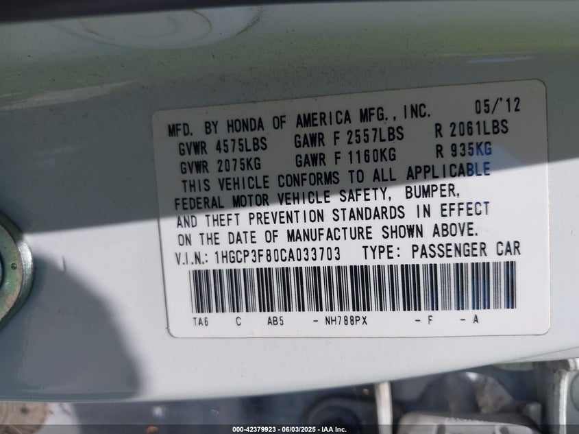 2012 HONDA ACCORD VIN: 1HGCP3F80CA033703
