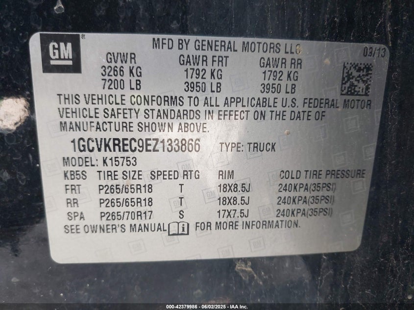2014 CHEVROLET SILVERADO 1500 VIN: 1GCVKREC9EZ133866