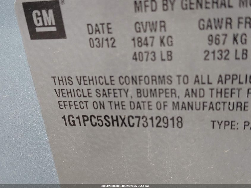 2012 Chevrolet Cruze Ls VIN: 1G1PC5SHXC7312918 Lot: 42380000