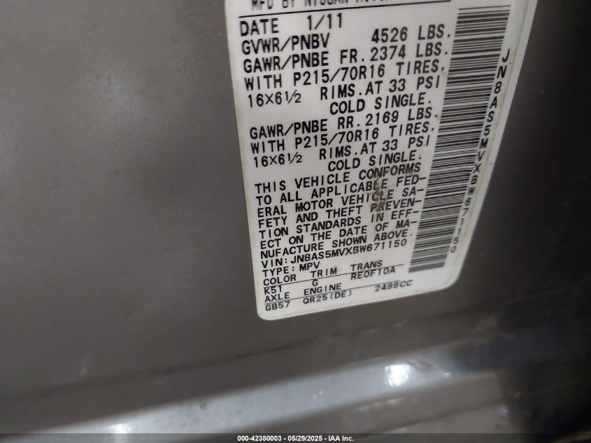 2011 Nissan Rogue S VIN: JN8AS5MVXBW671150 Lot: 42380003