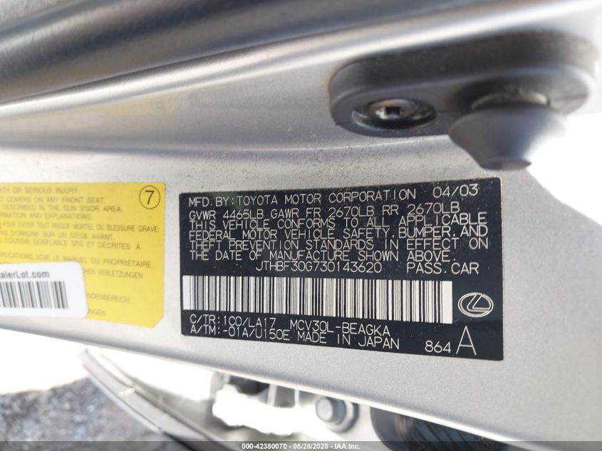 2003 Lexus Es 300 VIN: JTHBF30G730143620 Lot: 42380070