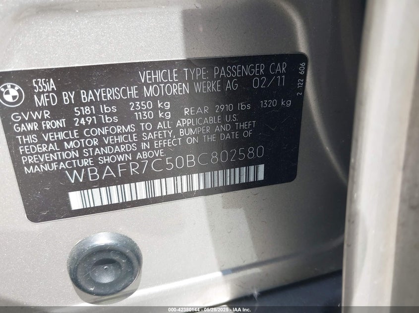 2011 BMW 535I VIN: WBAFR7C50BC802580