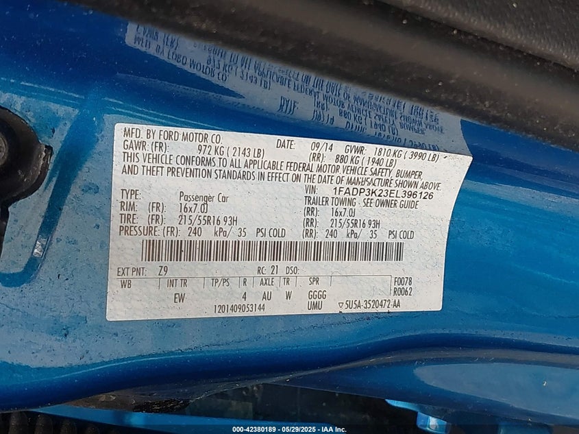 2014 FORD FOCUS VIN: 1FADP3K23EL396126