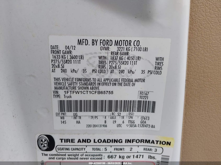 2012 FORD F-150 VIN: 1FTFW1CT1CFB65755