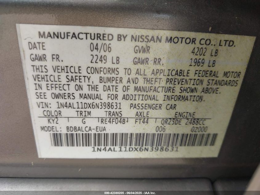 2006 Nissan Altima 2.5 S VIN: 1N4AL11DX6N398631 Lot: 42380205