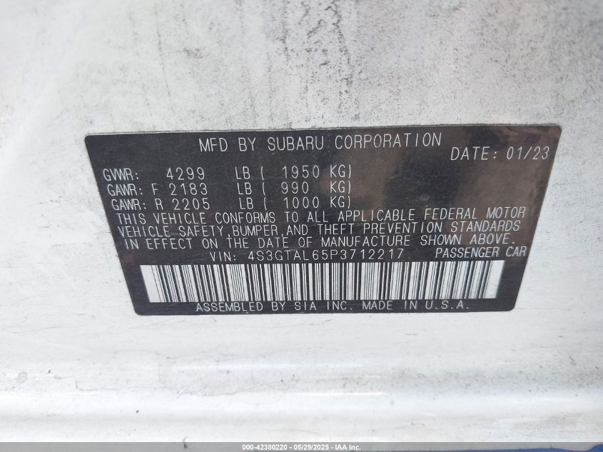 2023 Subaru Impreza Sport VIN: 4S3GTAL65P3712217 Lot: 42380220