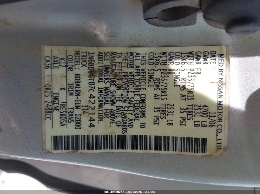 2007 Nissan Frontier Xe VIN: 1N6BD06T07C422144 Lot: 42380277