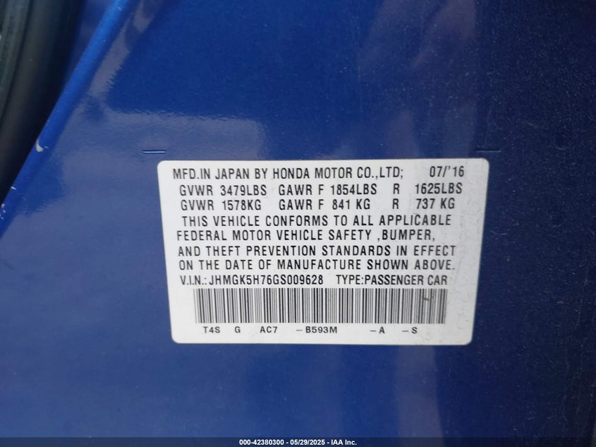 2016 HONDA FIT VIN: JHMGK5H76GS009628