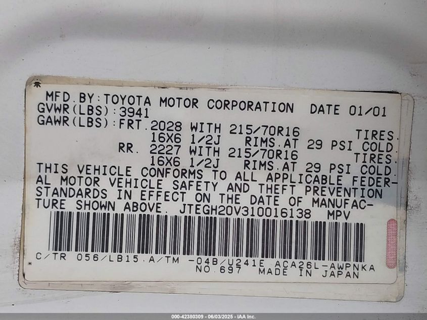 2001 Toyota Rav4 VIN: JTEGH20V310016138 Lot: 42380309