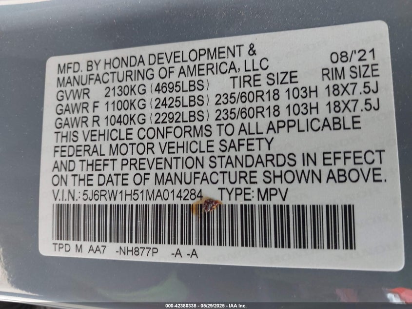 2021 HONDA CR-V VIN: 5J6RW1H51MA014284