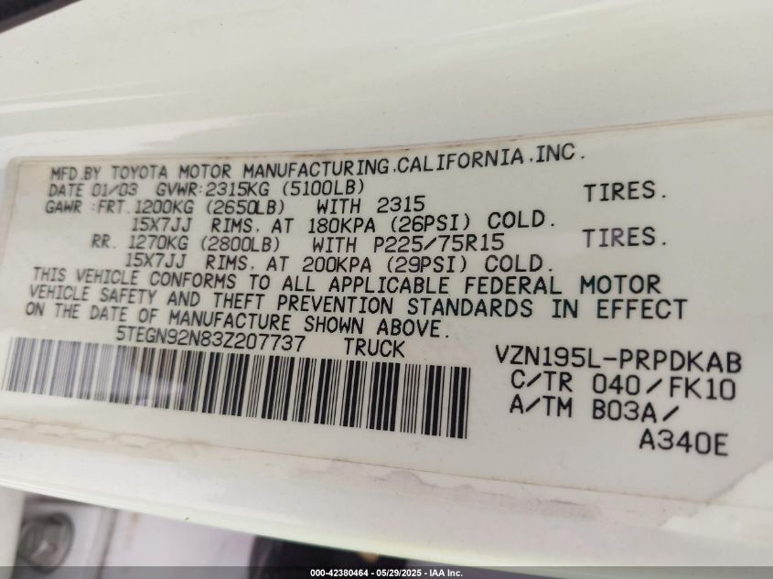 2003 Toyota Tacoma Double Cab Prerunner VIN: 5TEGN92N83Z207737 Lot: 42380464