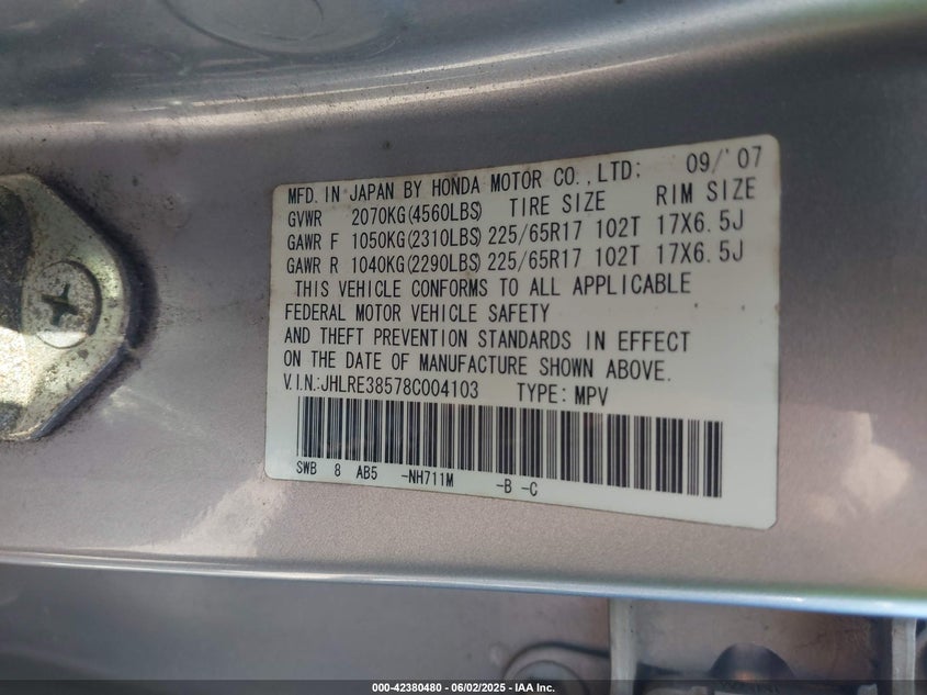 2008 HONDA CR-V VIN: JHLRE38578C004103