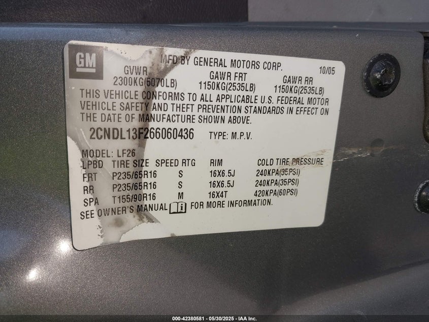 2006 CHEVROLET EQUINOX VIN: 2CNDL13F266060436