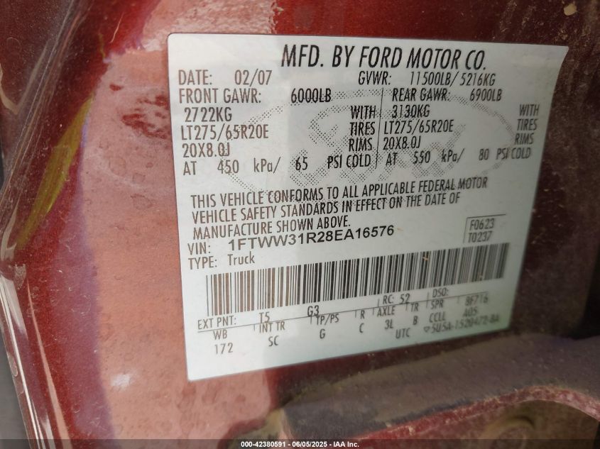 2008 Ford F-350 Fx4/Harley-Davidson/King Ranch/Lariat/Xl/Xlt VIN: 1FTWW31R28EA16576 Lot: 42380591