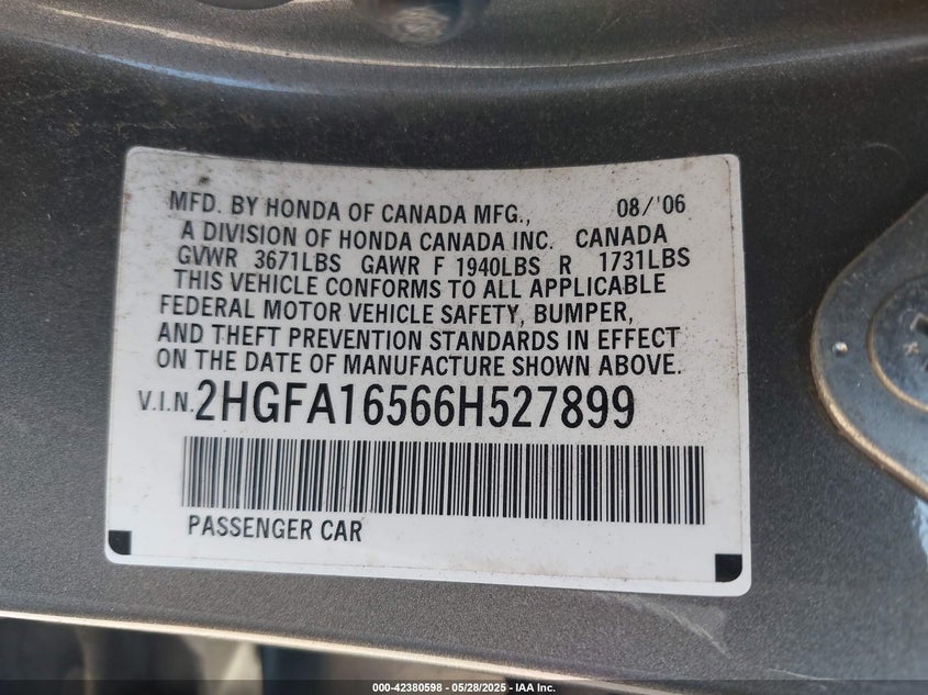 2006 HONDA CIVIC VIN: 2HGFA16566H527899