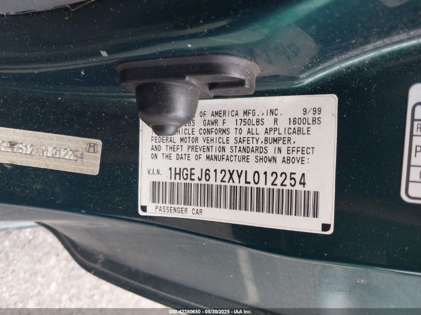 2000 Honda Civic Dx VIN: 1HGEJ612XYL012254 Lot: 42380650
