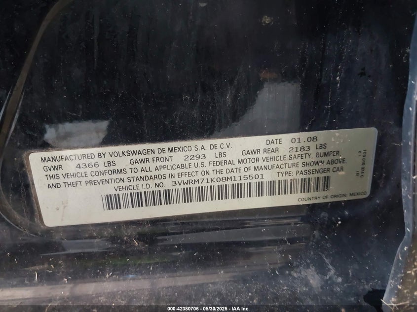 2008 Volkswagen Jetta Se/Sel VIN: 3VWRM71K08M115501 Lot: 42380706