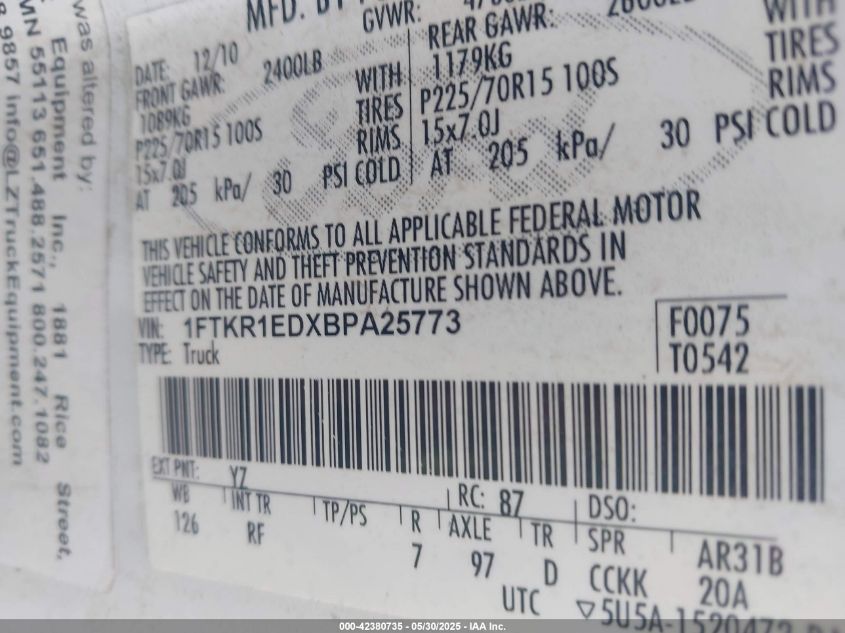 2011 Ford Ranger Xl VIN: 1FTKR1EDXBPA25773 Lot: 42380735