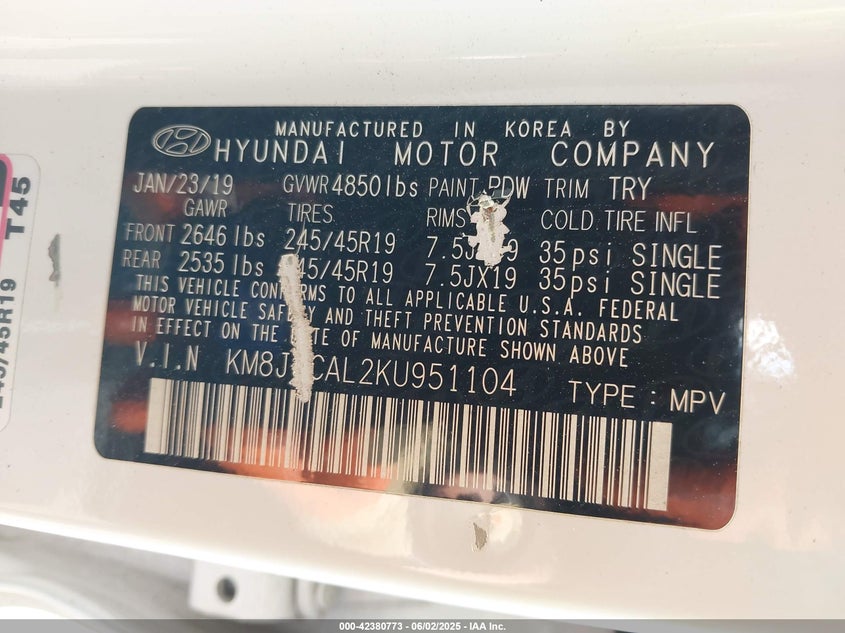 VIN KM8J3CAL2KU951104 2019 HYUNDAI TUCSON NIGHT