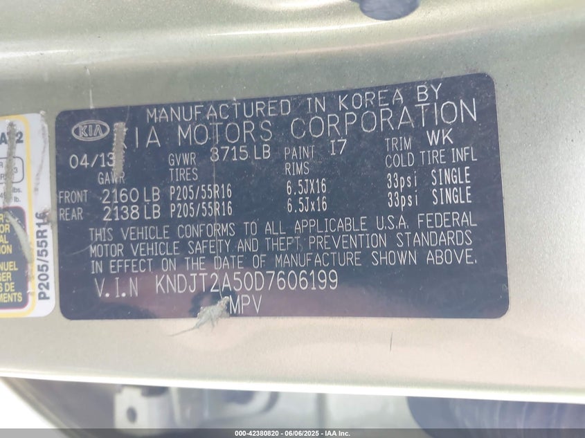 2013 Kia Soul VIN: KNDJT2A50D7606199 Lot: 42380820