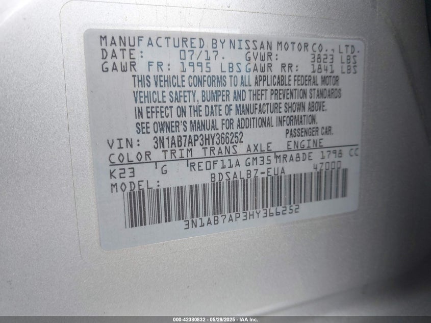 2017 NISSAN SENTRA VIN: 3N1AB7AP3HY366252