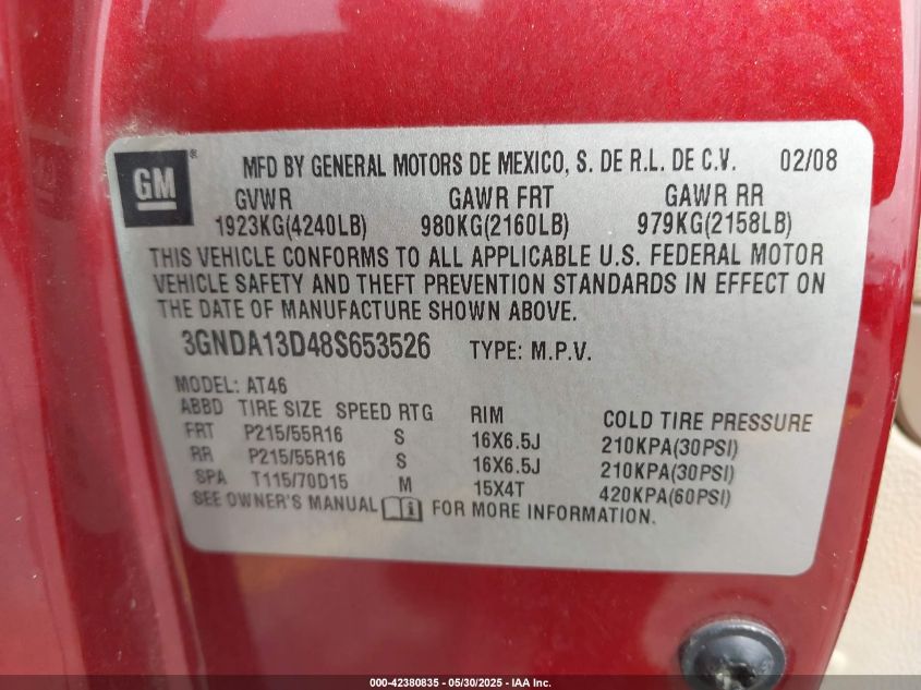 2008 Chevrolet Hhr Ls VIN: 3GNDA13D48S653526 Lot: 42380835