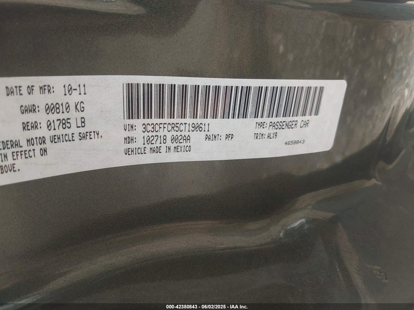 2012 FIAT 500 VIN: 3C3CFFCR5CT190611
