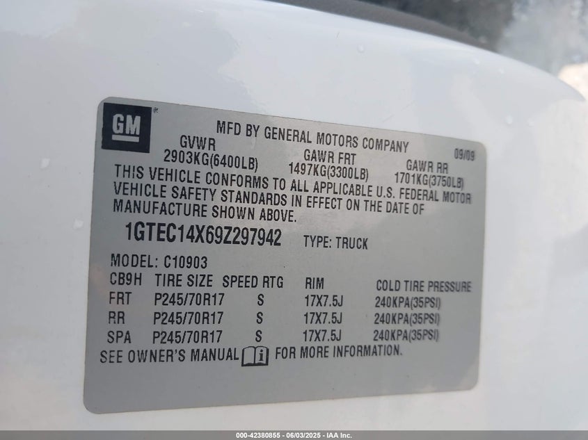 2009 GMC SIERRA 1500 VIN: 1GTEC14X69Z297942