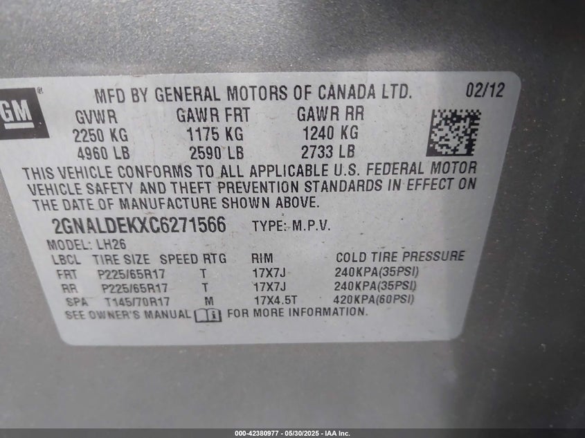 2012 CHEVROLET EQUINOX VIN: 2GNALDEKXC6271566
