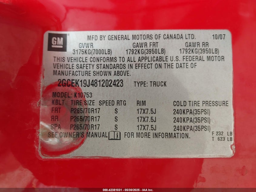 2008 CHEVROLET SILVERADO VIN: 2GCEK19J481202423