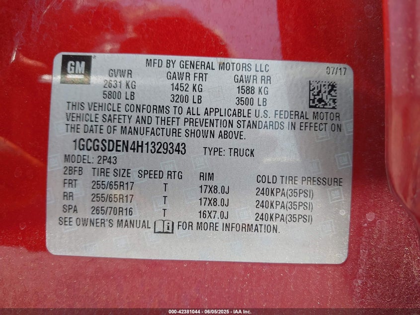 1GCGSDEN4H1329343 2017 CHEVROLET COLORADO photo no. 9