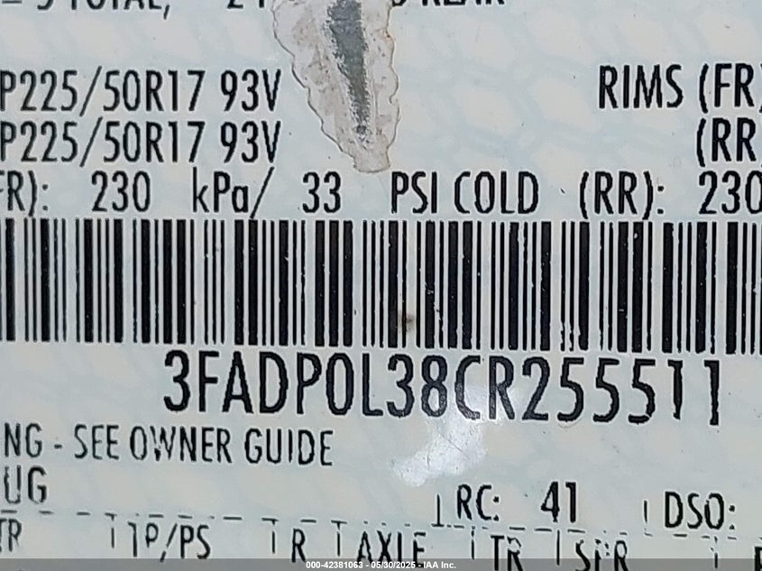 2012 FORD FUSION VIN: 3FADP0L38CR255511