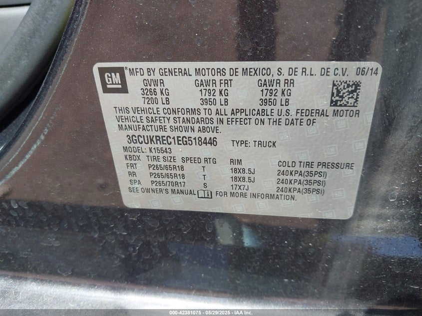 2014 CHEVROLET SILVERADO 1500 VIN: 3GCUKREC1EG518446