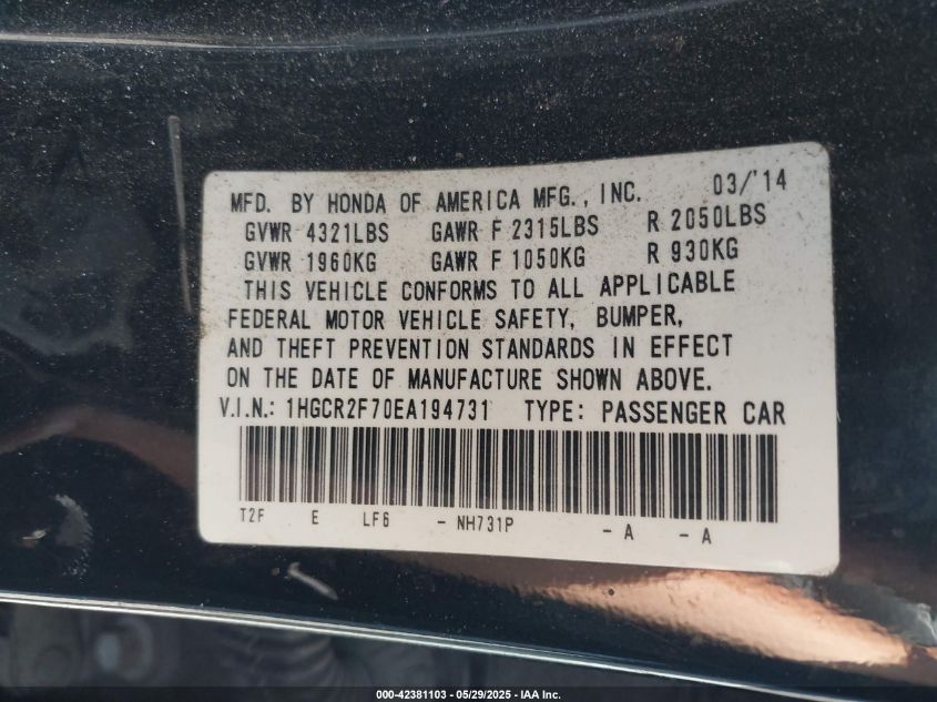 2014 Honda Accord Ex VIN: 1HGCR2F70EA194731 Lot: 42381103