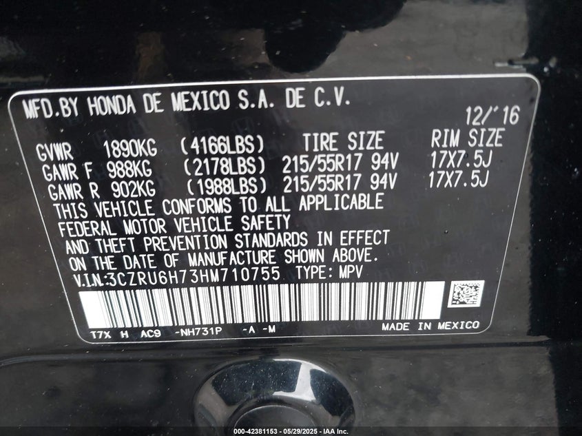 2017 HONDA HR-V EX-L - 3CZRU6H73HM710755