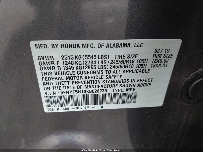 2019 Honda Pilot 3.5 Lx Grey Lot 111042381185 Vin 5FNYF5H10KB028235
